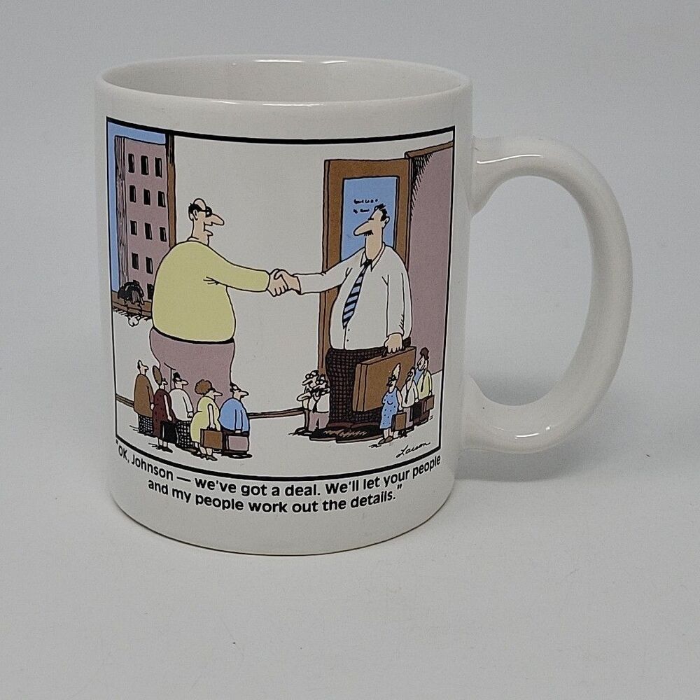 Vintage 1990 Far Side Coffee Mug Your People My People Business Deal Gary Larson